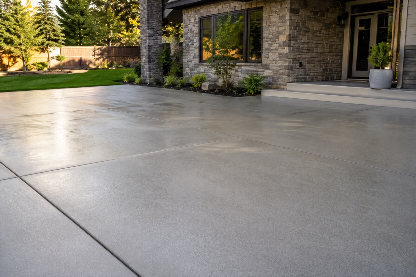 Clean, sealed concrete patio beside a landscaped home