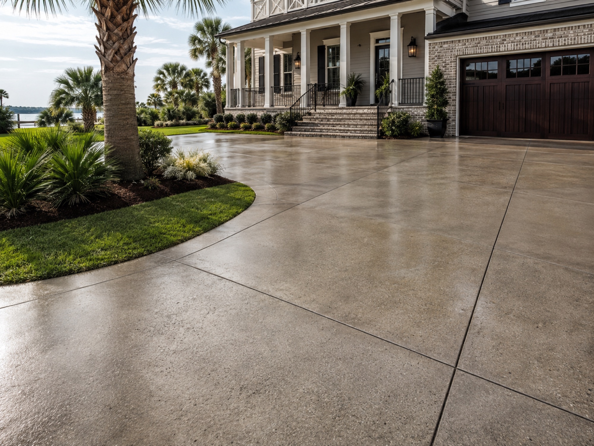 Large sealed concrete driveway outside a landscaped home