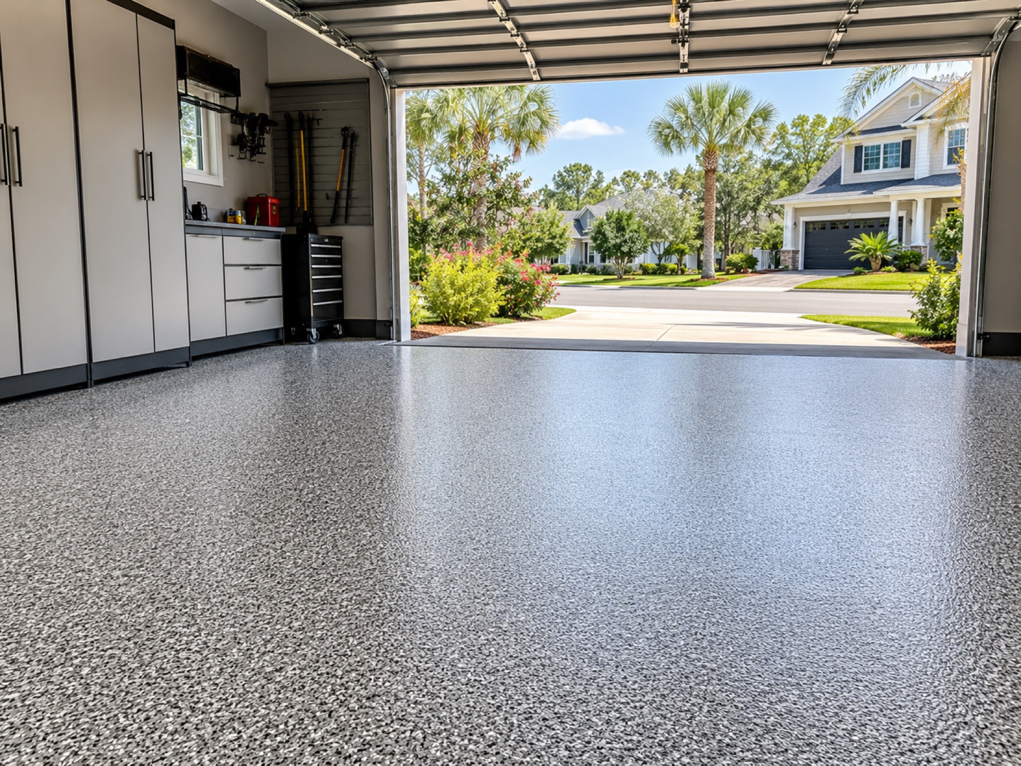 Clean protected concrete floor in an open residential garage