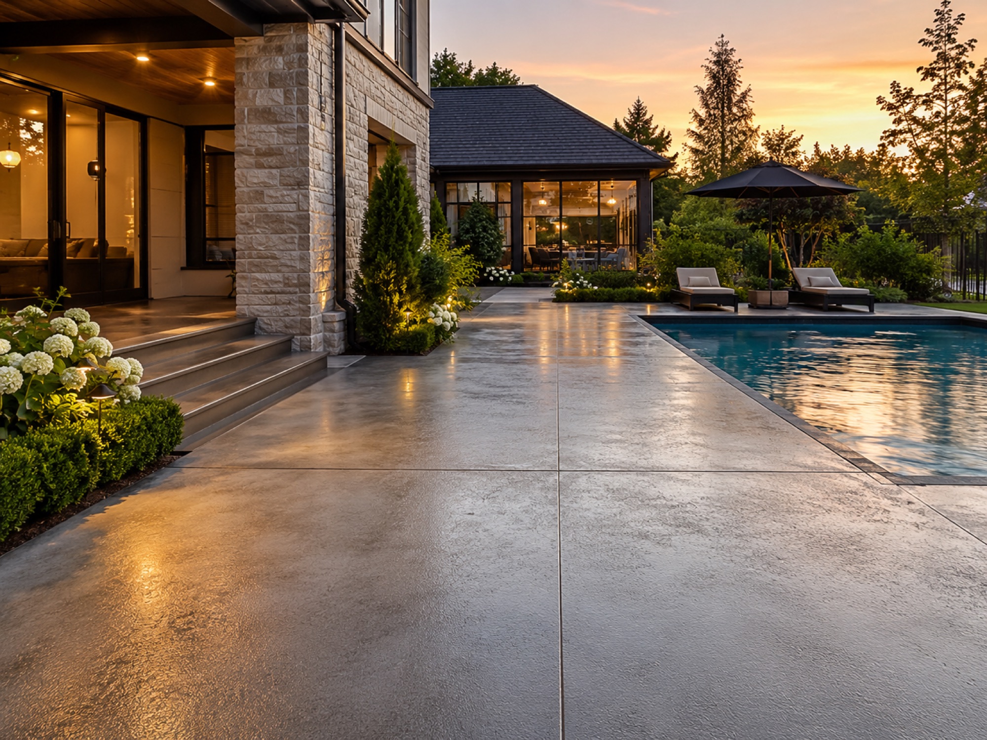 Sealed concrete pool deck reflecting warm evening light