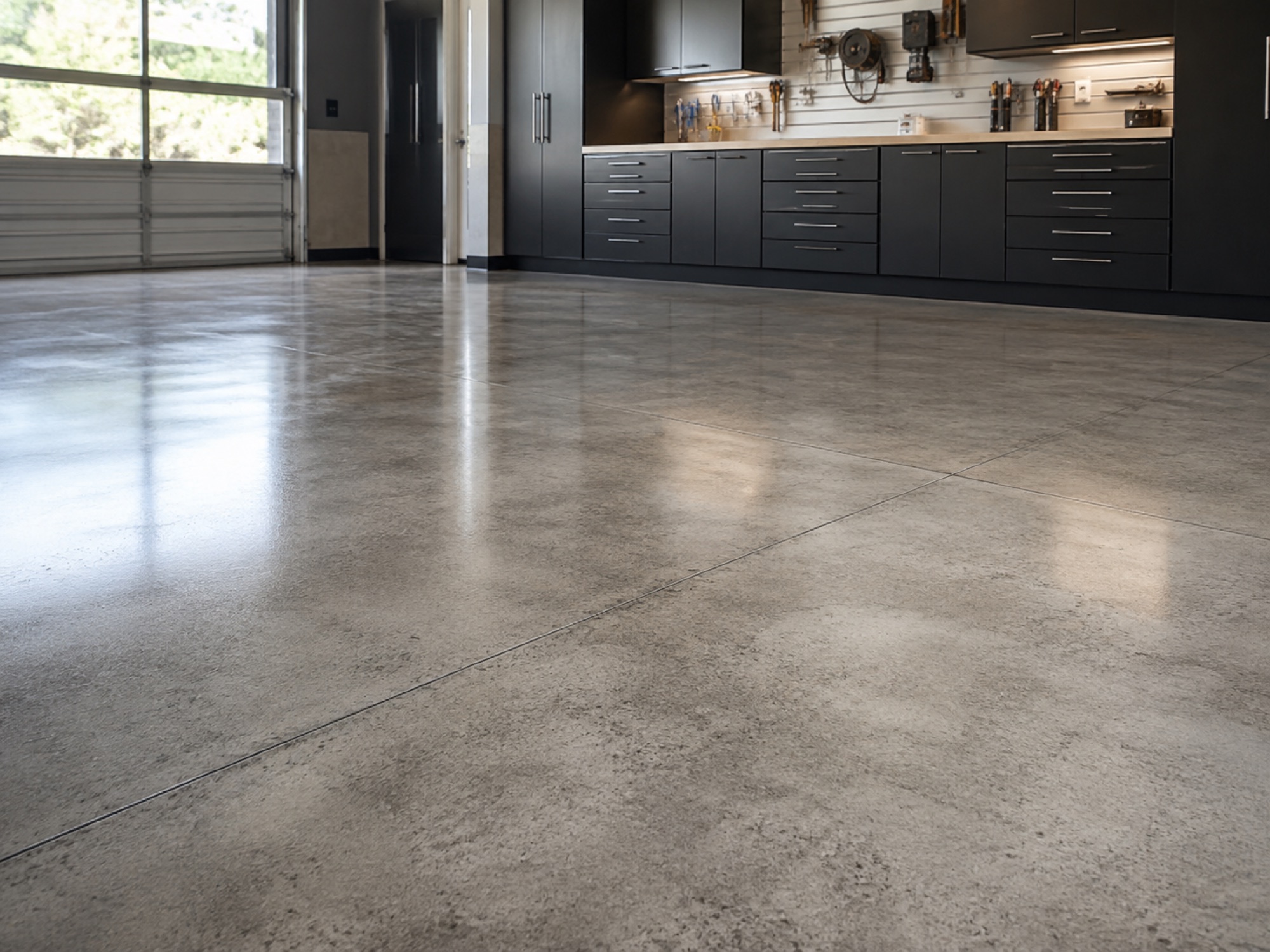 Ground and sealed concrete floor beside dark garage cabinets