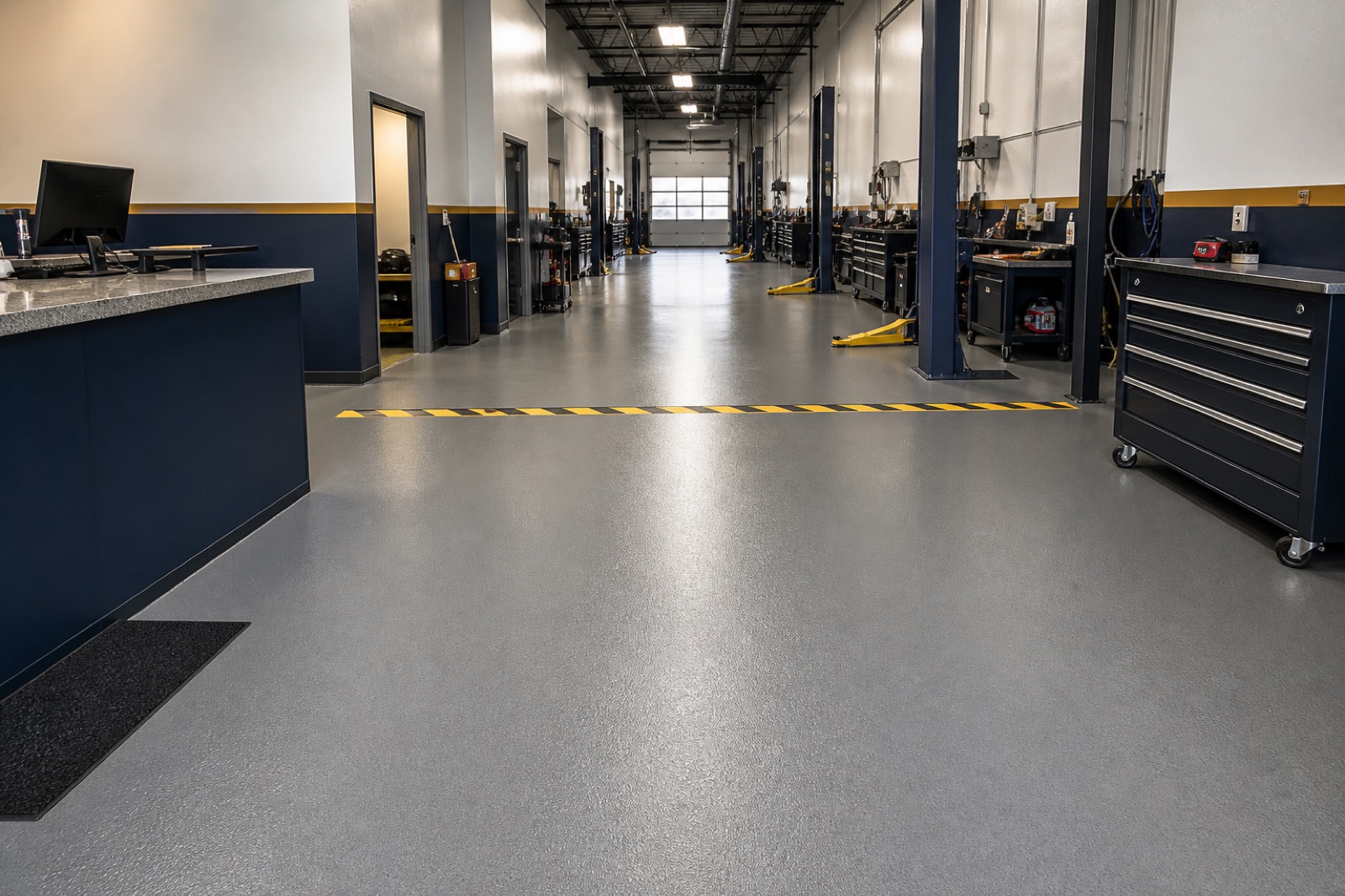 A satin gray high-traffic coating in an organized light-commercial service bay