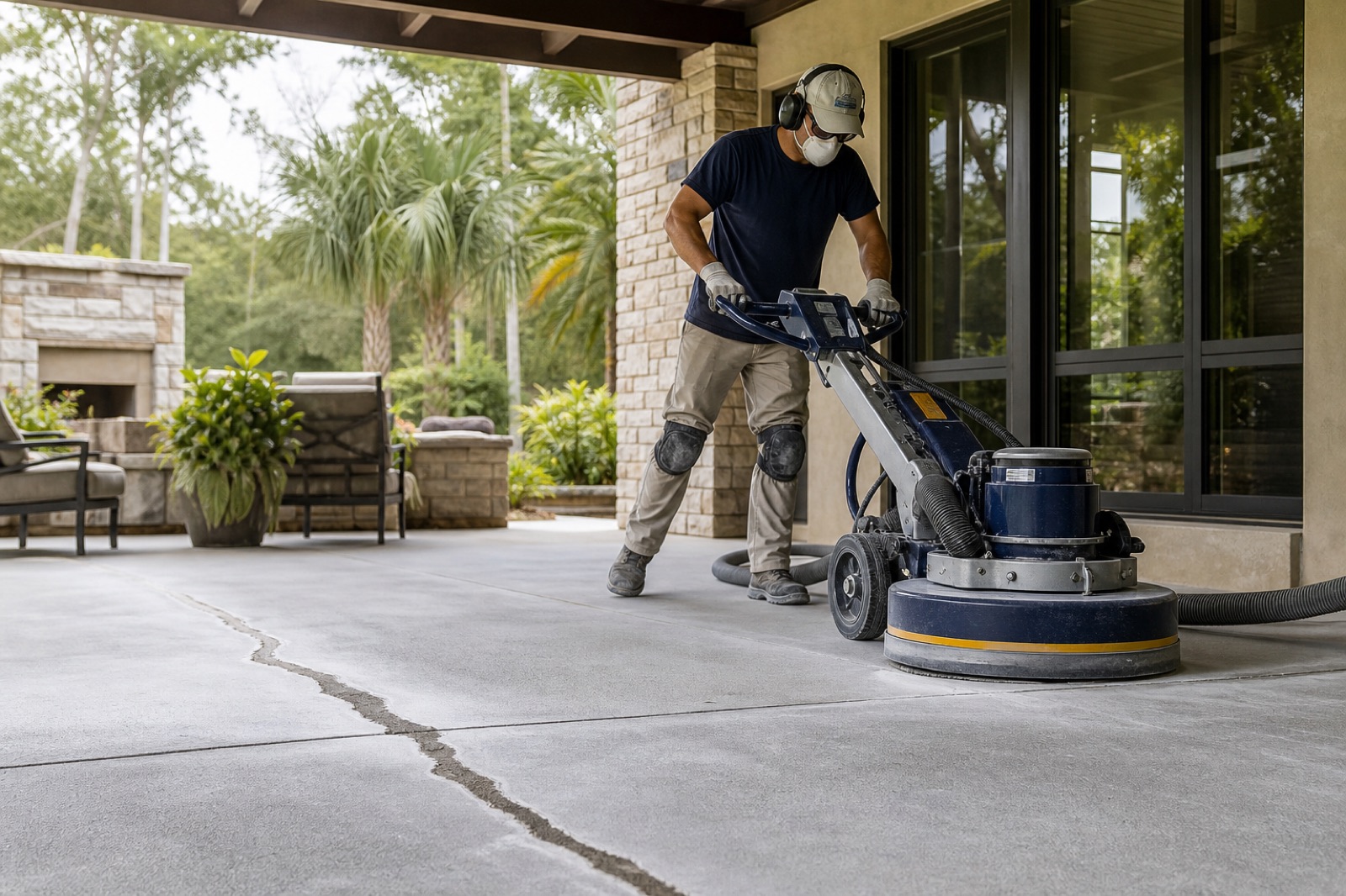 Dust-controlled grinding and crack repair on a concrete patio