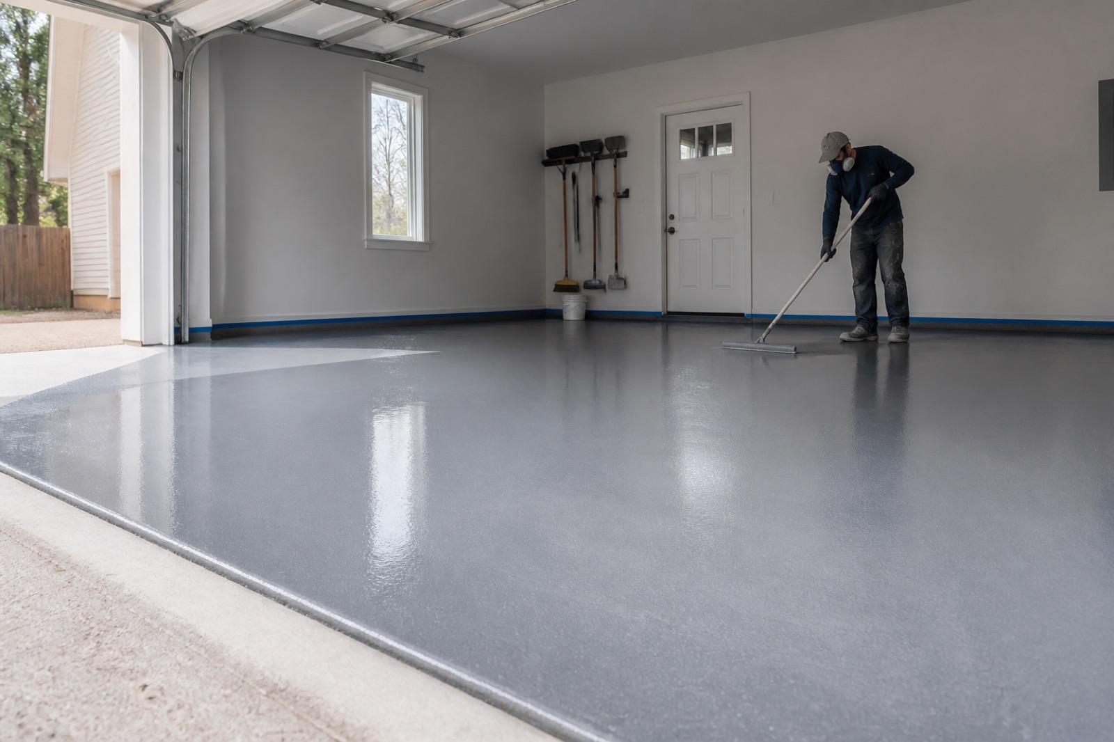 A contractor applying gray epoxy flooring in a prepared garage
