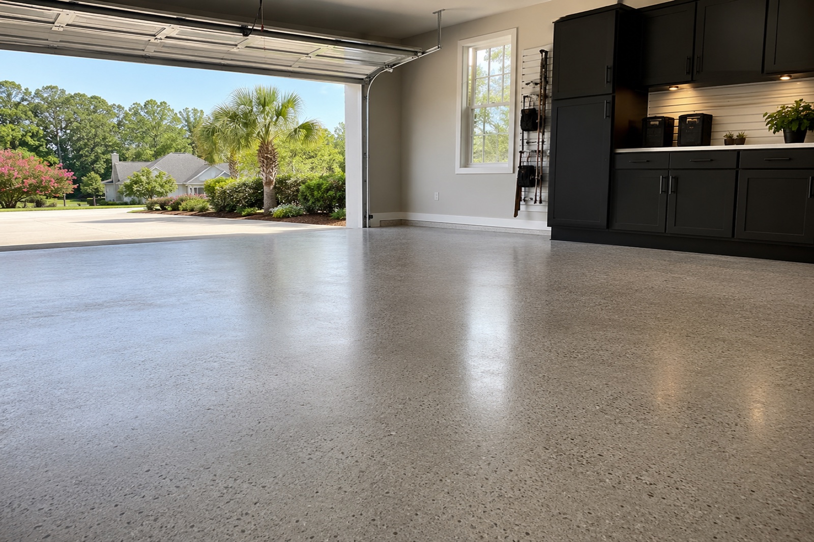Ground and sealed concrete floor in a bright residential garage