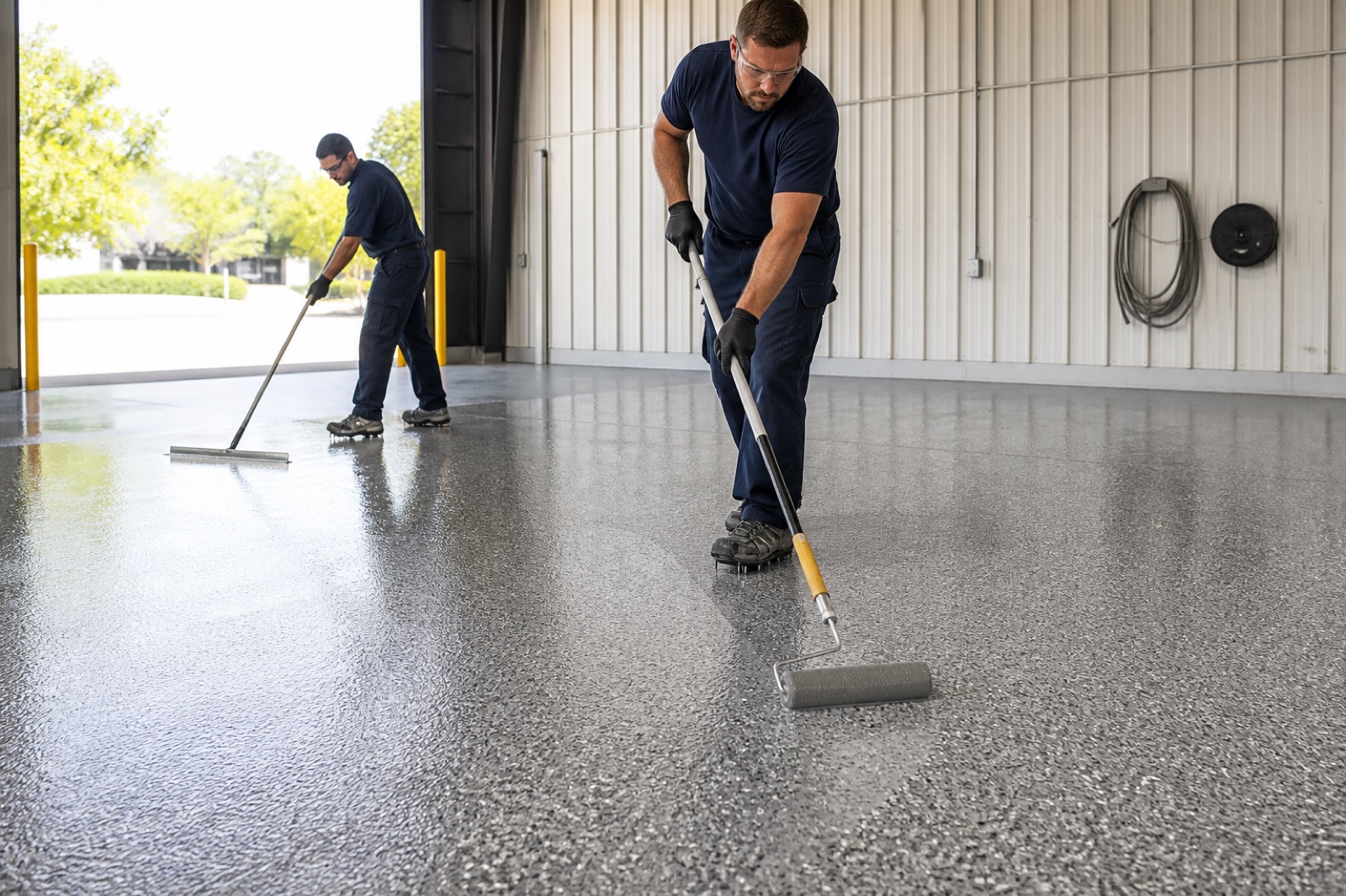 A two-person crew rolling a clear topcoat over a decorative flake floor
