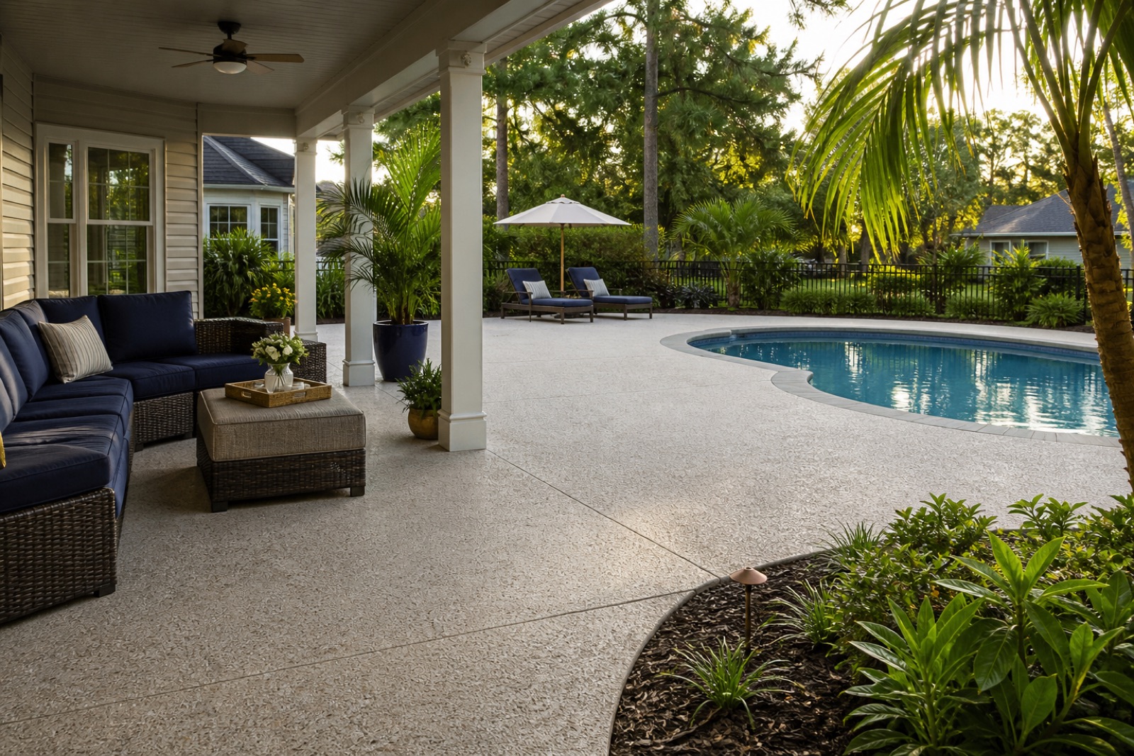 A coated patio and pool surround at a South Carolina home